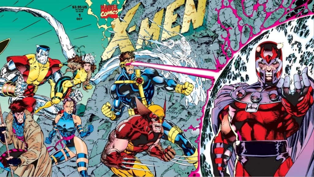 Colossuc, Gambit, Psylocke, Rogue, Iceman, Cyclops and Wolverine attacking Magneto on the cover to X-Men (Vol. 2) #1