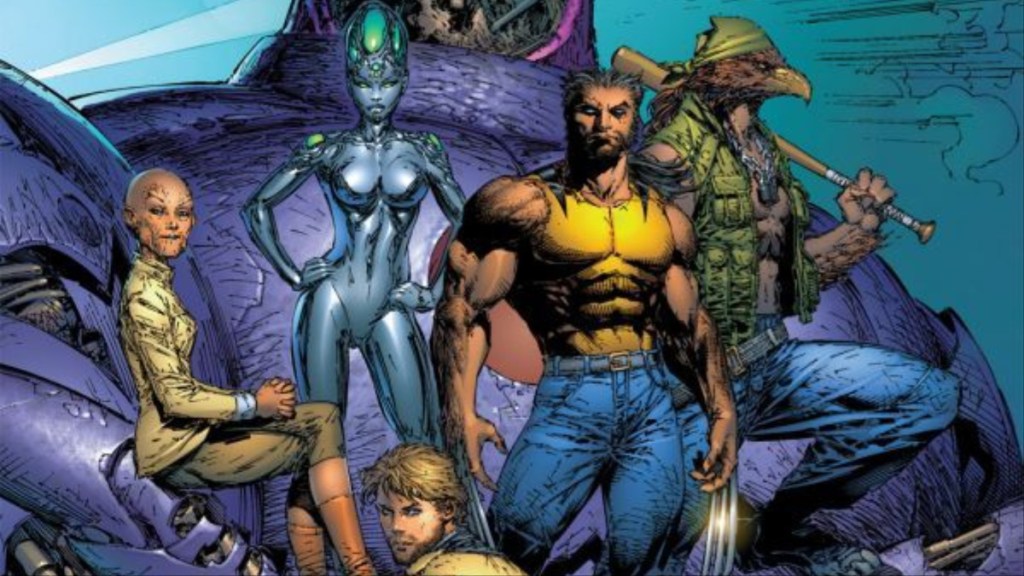 Cassandra Nova, EVA, Wolverine, Beak, and Tom held by Tom's Sentinel Rover on the cover of New X-Men: Here Comes Tomorrow