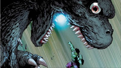 Hulk jumping at Godzilla's mouth while the kaiju powers up his atomic breath from the cover of Godzilla Vs. Hulk #1