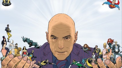 Writer Grant Morrison holding on to the Marvel and DC character they've written, the X-Men, Superman, Batmna, Green Lantern, Zatanna, and many more, drawn by Frank Quitely
