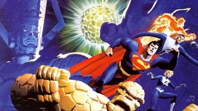 Superman and the Fantastic Four flying through space together, while behind them Krypton explodes and spectral Galactus reaches towards them