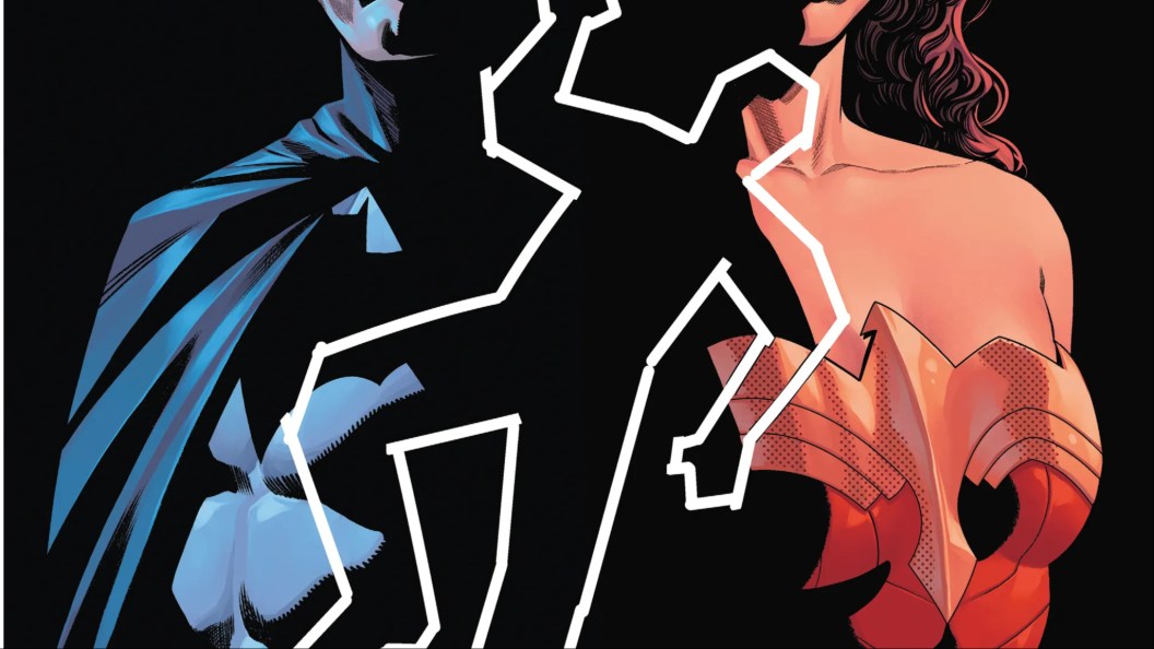 A chalk outline of a body over the chests of Batman and Wonder Woman