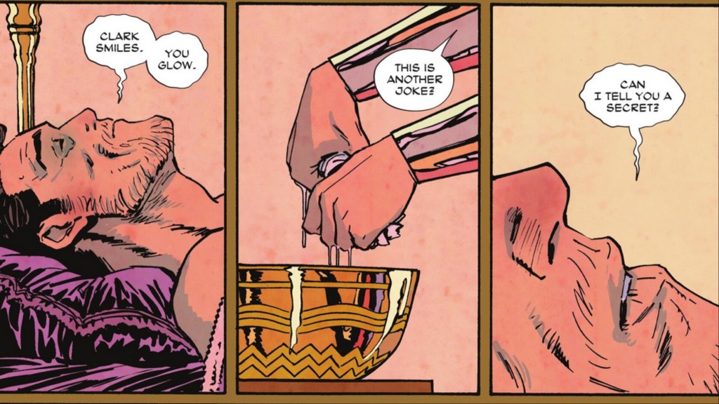 Three panels, one of an injured Batman, the next of Wonder Woman wringing out a towel over a gold basin, and the last a close-up on Batman nose, mouth, and chin from Wonder Woman #20