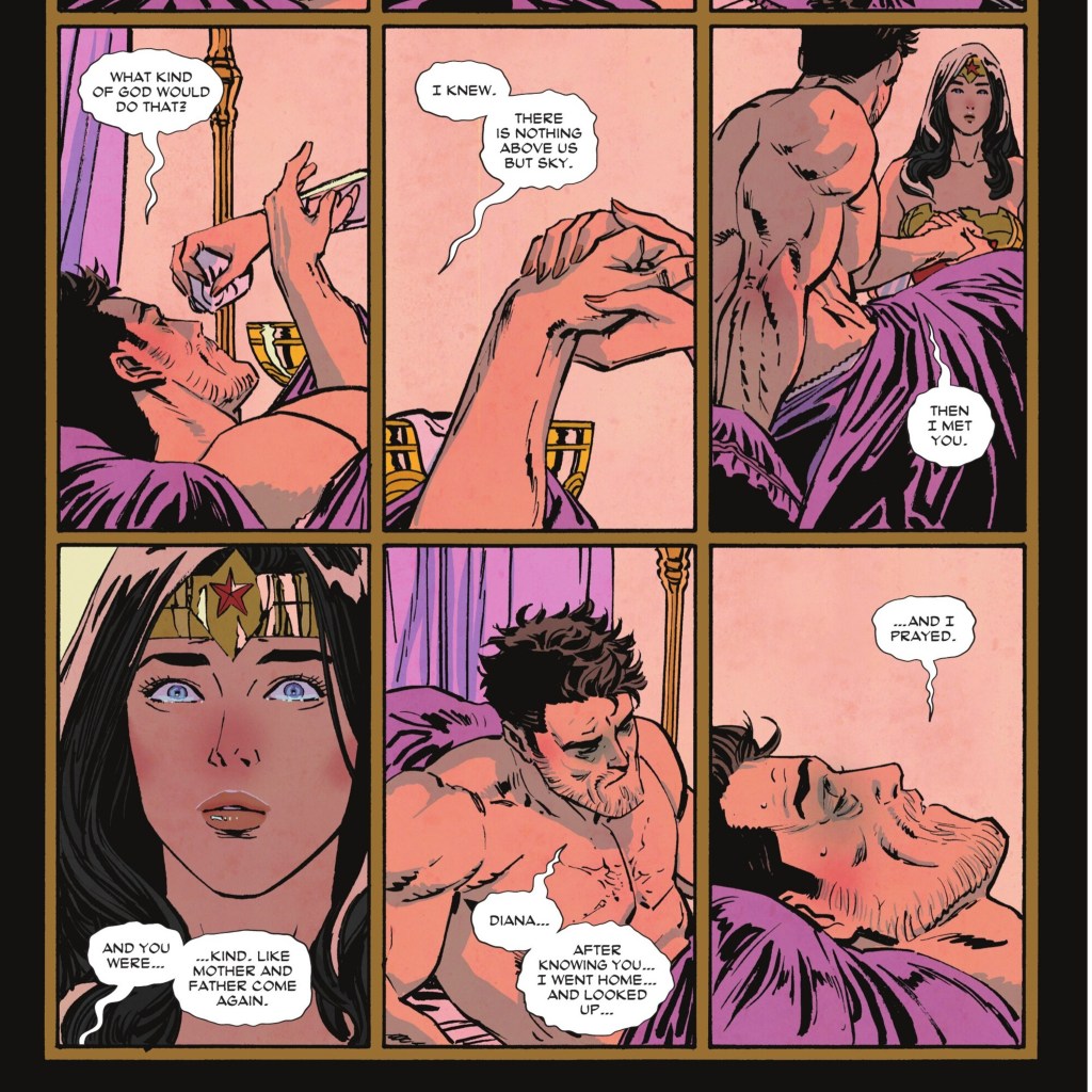 An injured Batman telling Wonder Woman that she made him pray after the first time they met in Wonder Woman #20