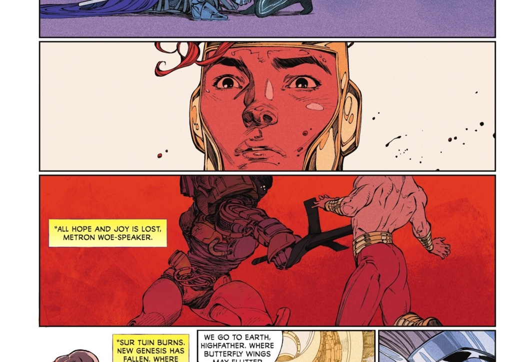 Grayven killing Lightray with asword from New Gods #5