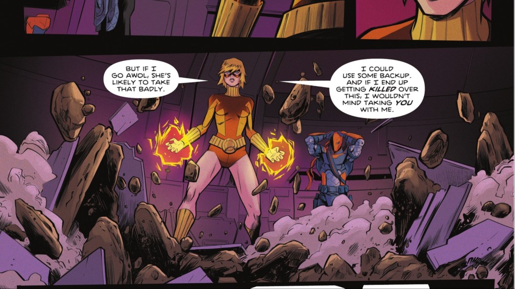 Terra using her powers with Deathstroke behind her putting on his mask