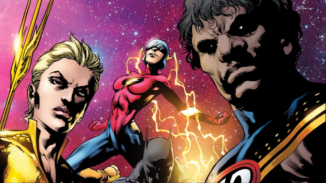 Aquawoman, female Flash, batman, and the Thunderer gothered together