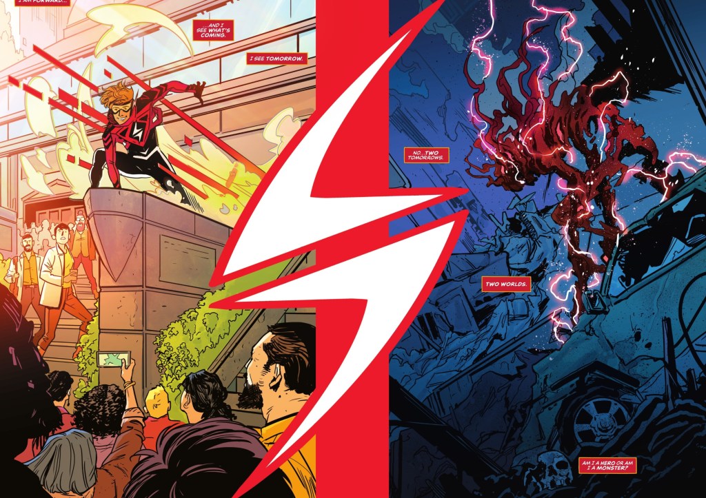 Two different futures for Absolute Flash, one with the Flash in costume in a bright pace surrounded by happy people and another full of darkness and destruction, with Wally's body coming apart as energy