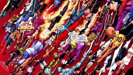 Three Legions of Superheroes flying together in battle