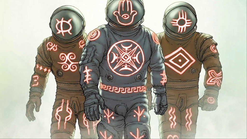 Three people in spacesuit covered in runes