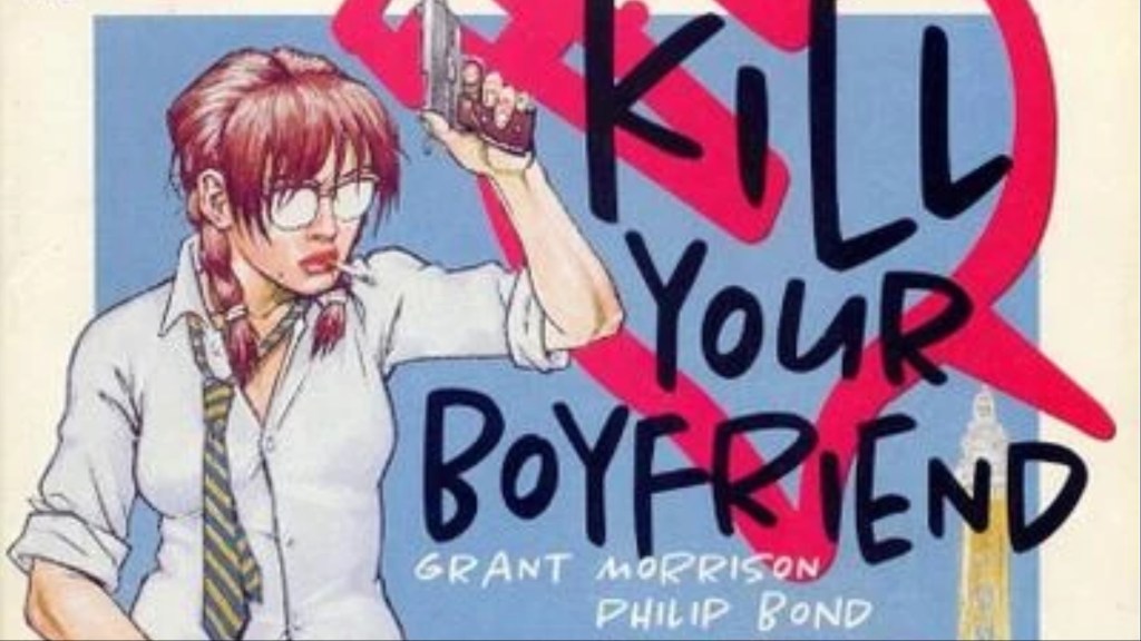 A girl with a gun, smoking a cigarette one the cover of Kill Your Boyfriend