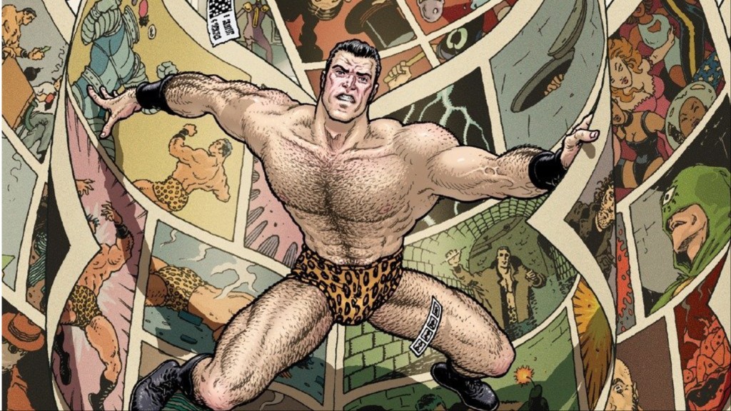 Flex Mentallo surrounded by pages form his own comics