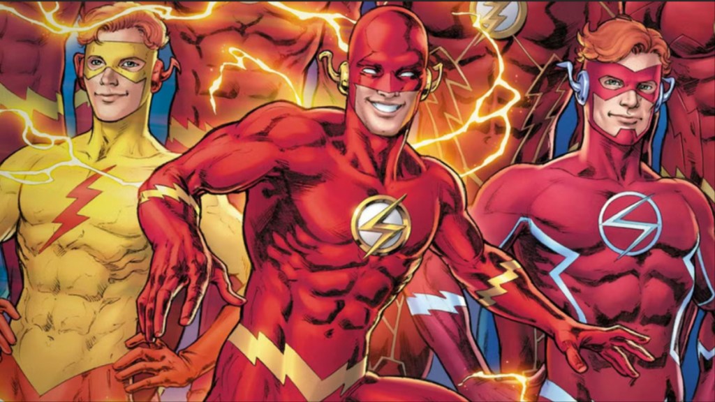 Wally West in his Kid Flash costume, standing next to Wally West in his iconic Flash costume, standing next to Wally West in DC Rebirth costume