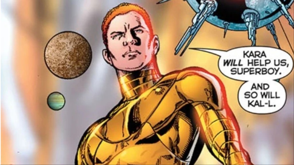 Alexander Luthor in his shining gold armor talking to Power Girl and Superboy-Prime from Infinite Crisis