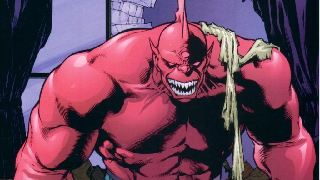 Despero with a torn shirt over his shoulder, revealed in all of his muscular glory, after impersonating Lex Luthor in JLA/JSA: Vice and Virtue