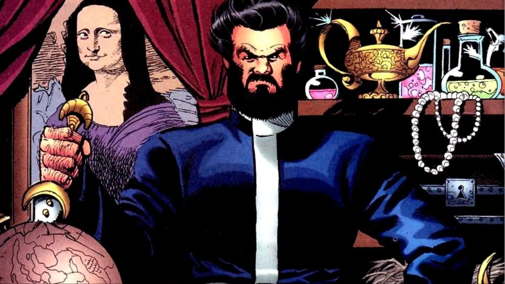 Vandal Savage sitting on a throne, surrounded by riches, including the Mona Lisa