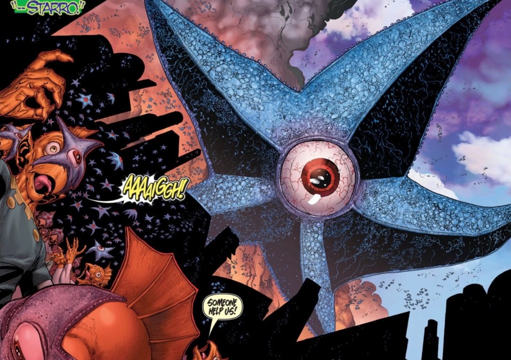 Starro the Conqueror looming over an alien world as its spawn take over the populace