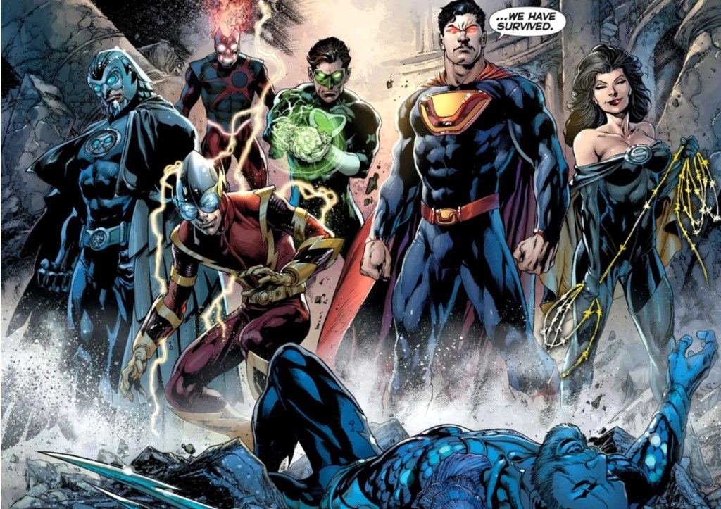 Nite Owl, Deathstorm, Power Ring, Johnny Quick, Ultraman, and Superwoman standing over the fallen Aquaman