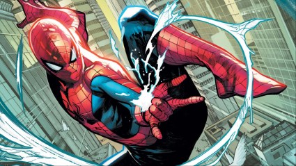 Spider-Man swinging through the city