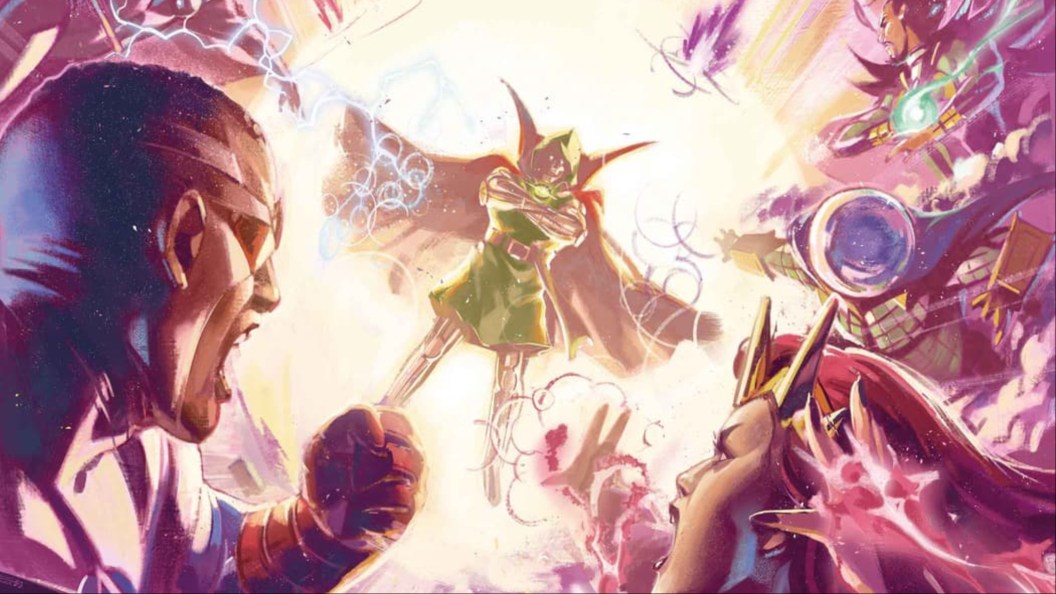 Doom surrounded by the Avengers and the Masters of Evil in ONe World Under Doom #3