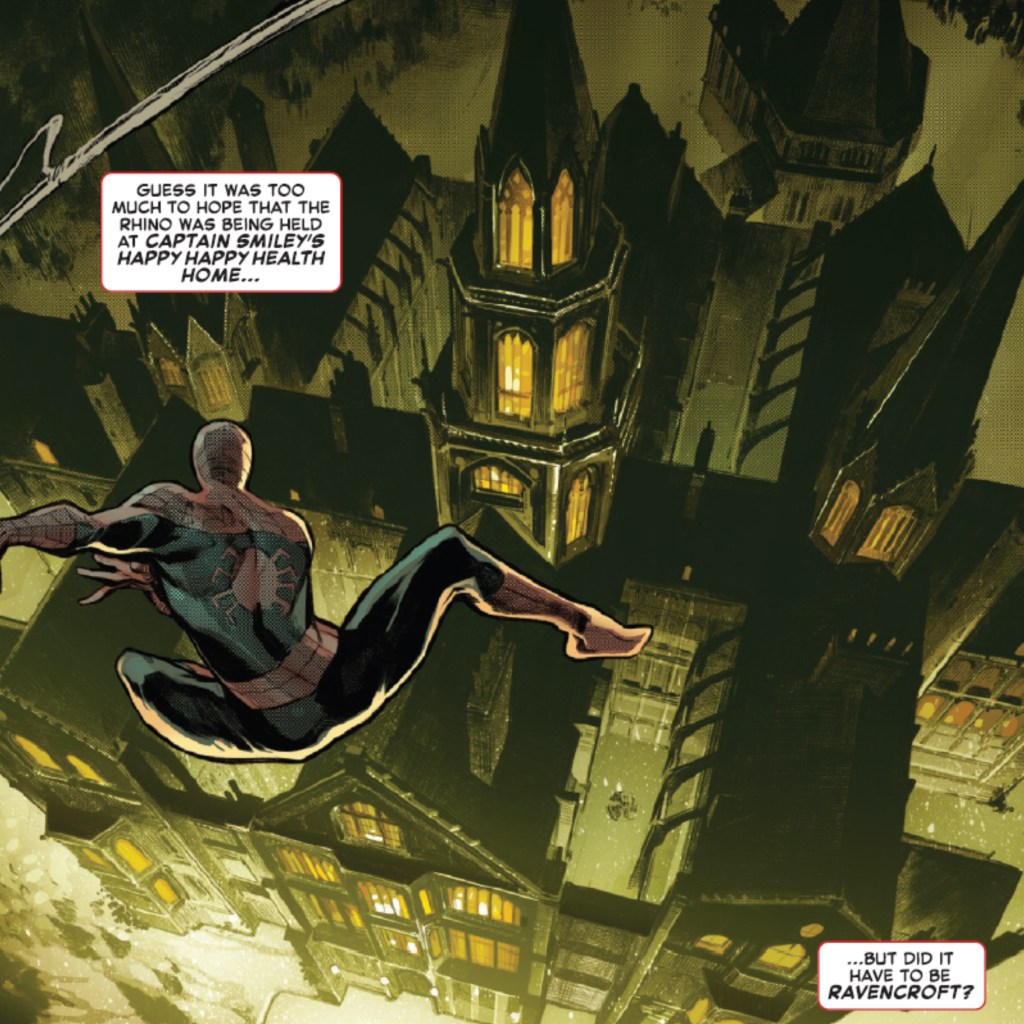 Spider-Man swinging to the Ravencroft Institute