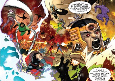 The Masters of Evil and the Avengers fighting the escaping villains at the Raft