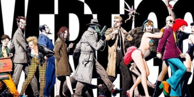 The characters of '90s Vertigo in a conga line in front of the letters of the word "vertigo"