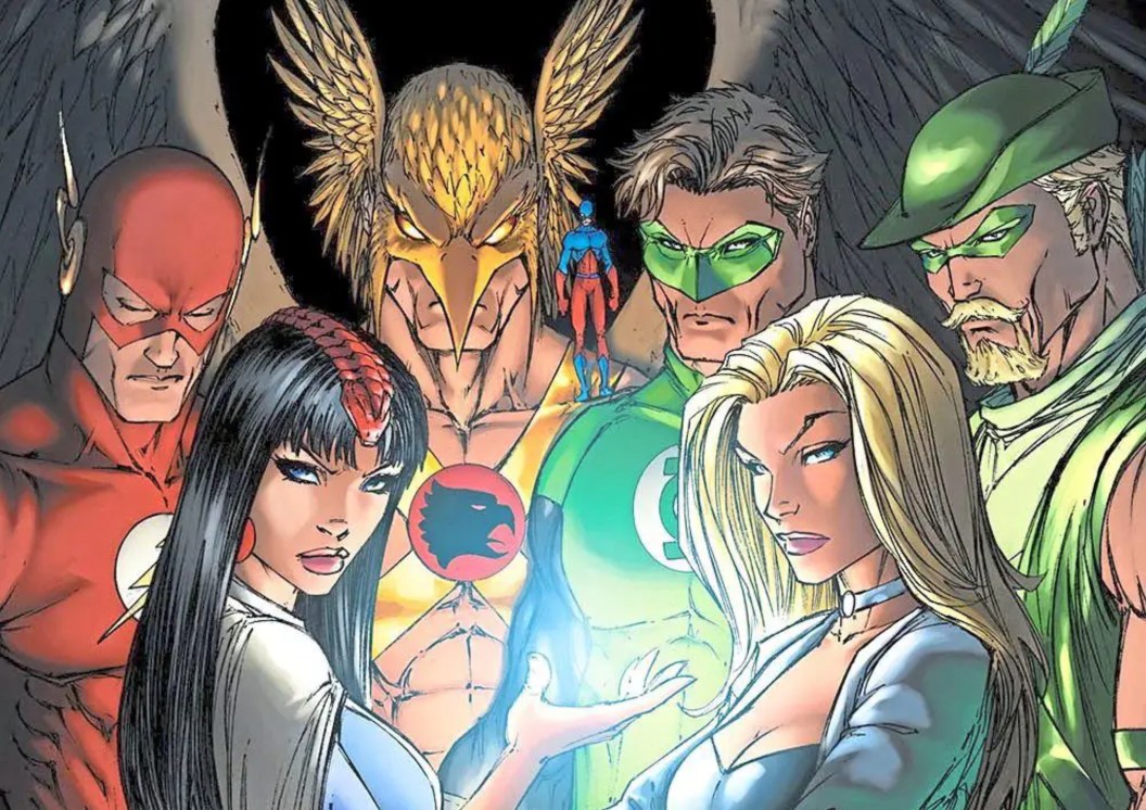 Barry Allen, Hawkman, the Atom, Zatanna, Hal Jordan, Black Canary, and Green Arrow from the over of Identity Crisis #2