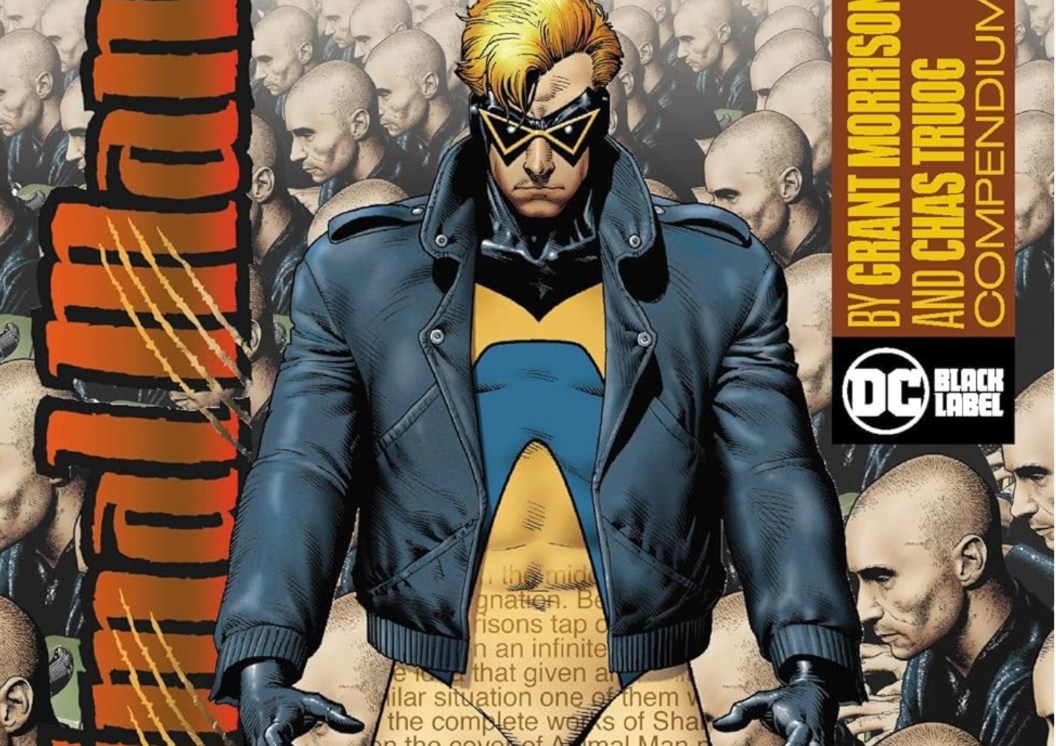 Animal Man standing in front of multiple Grant Morrisons from the Animal Man Compendium