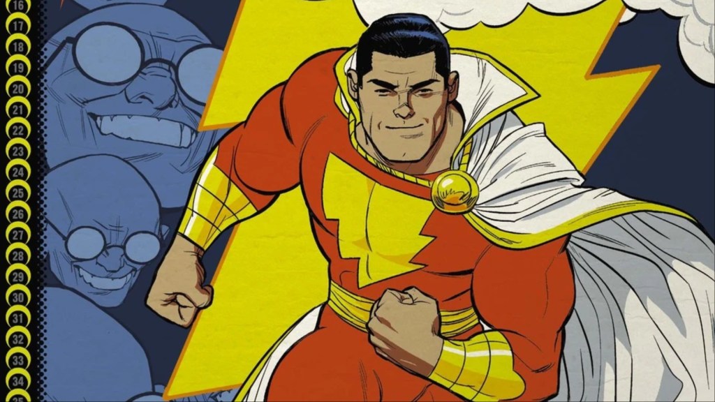 Shazam standing in front of a lightning bolt with several Doctor Sivana heads behind him