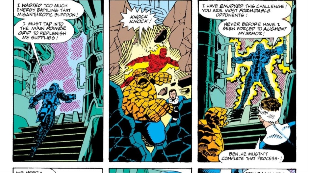 Devos the Devastator running from Thing, Reed Richards, and the Human Torch to augment his armor