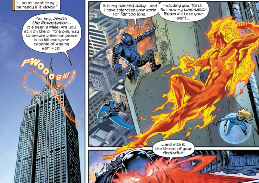 Devos the Devastator fighting Invisible Woman, Human Torch, and Reed Richards
