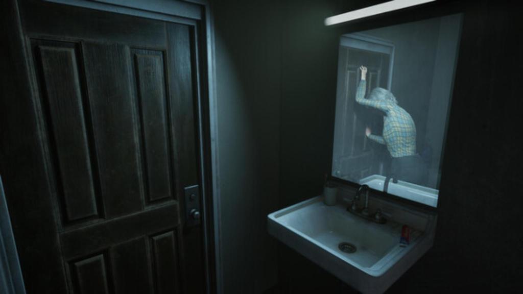 Trapped inside the bathroom with the protagonist reflected inside the mirror, holding the door shut