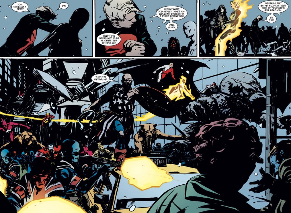 Captain America leading the Hulk Namor, and more against the Skull and his army form Earth-X #10