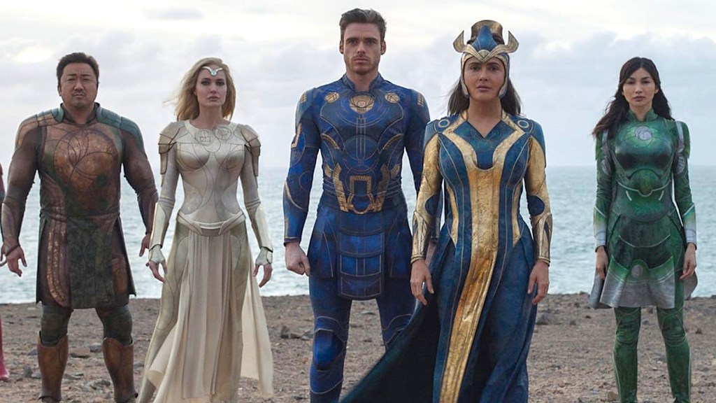 Don Lee as Gilgamesh, Angelina Jolie as Thena, Richard Madden as Ikaris, Salma Hayek as Ajak, and Gemma Chan as Sersi in Eternals