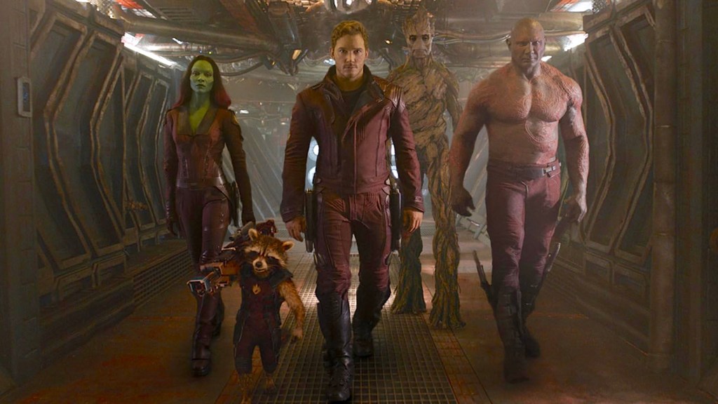 Zoe Saldaña as Gamora, Bradley Cooper as Rocket, Chris Pratt as Peter Quill, Vin Diesel as Groot, and Dave Bautista as Drax in Guardians of the Galaxy