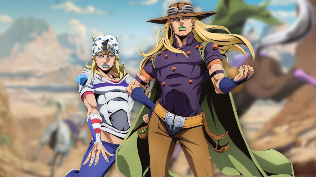 Collage style image of JoJo's Bizarre Adventure part 7 deuteragonists Johnny Joestar and Gyro Zeppeli in front of a teaser image