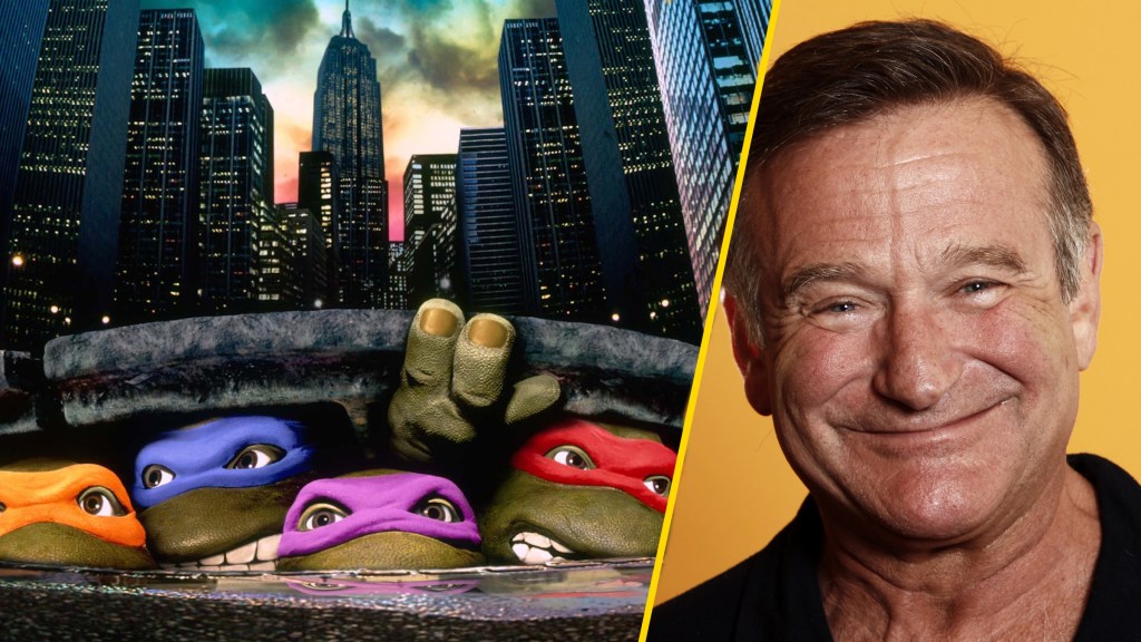 The teenage mutant ninja turtles next to Robin Williams