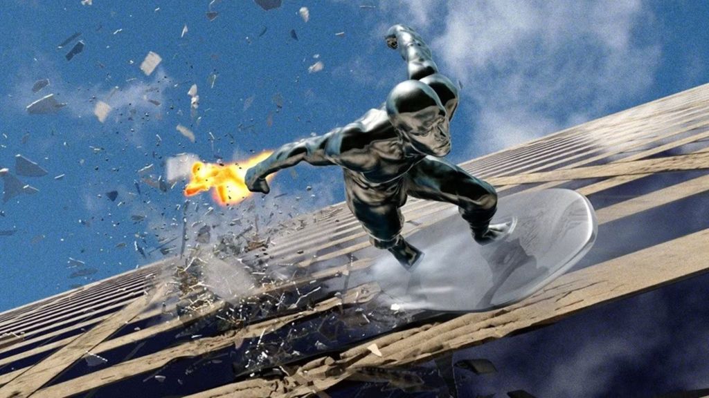 Silver Surfer being chased by Human Torch