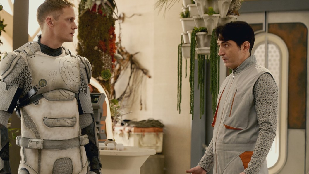Alexander Skarsgard and David Dastmalchian in Murderbot
