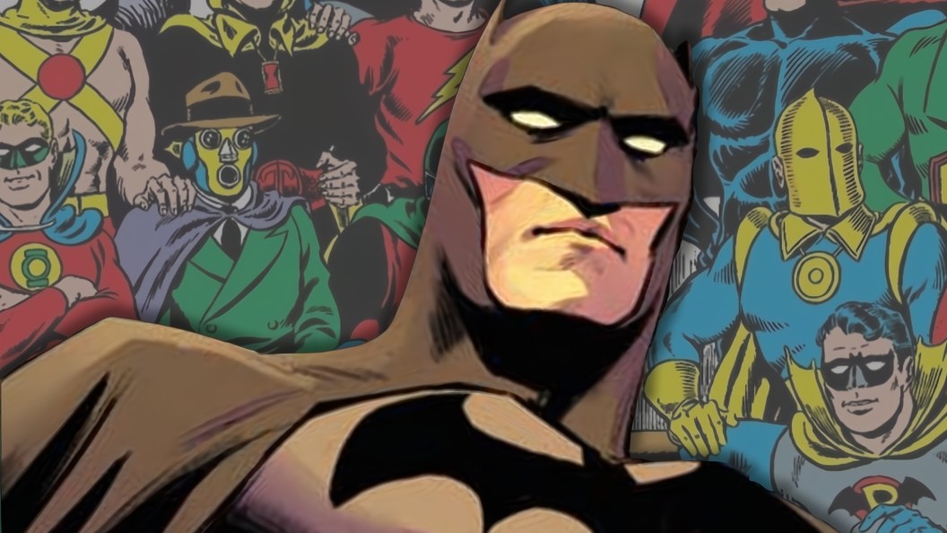 Batman with the Justice Society of America behind him