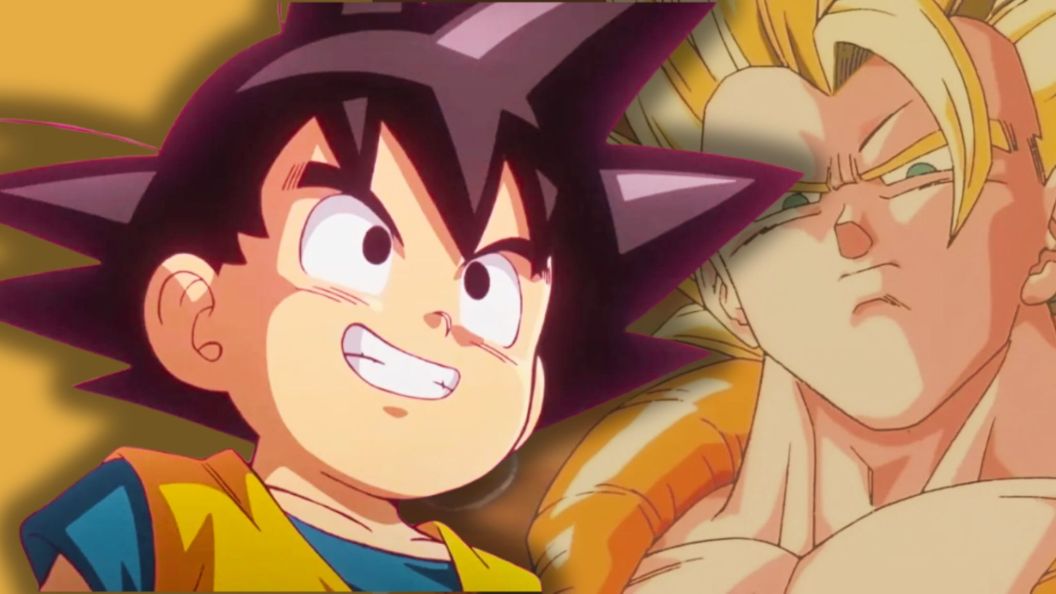 Goku as seen in Daima and Gogeta in the bg as seen in Dragon Ball anime