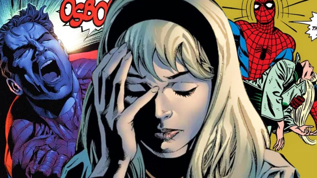 Gwen Stacy from Sins Past with Spider-Man screaming