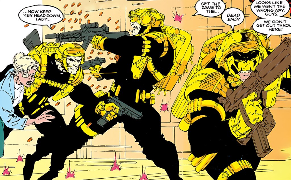 Maverick, Wolverine, and Sabretooth saving a scientist as members of Team X