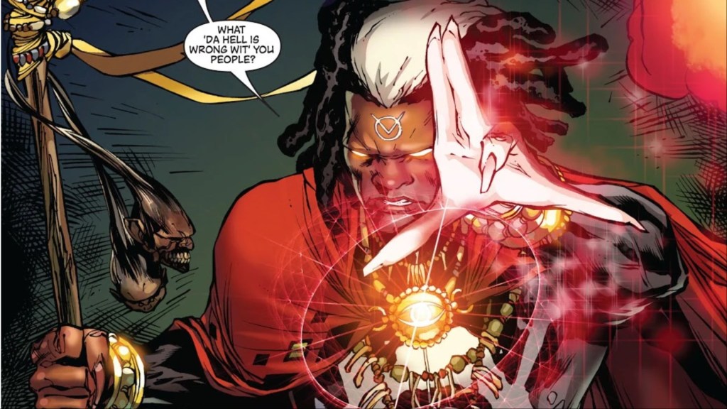 Brother Voodoo reaching out with a hand burning with energy