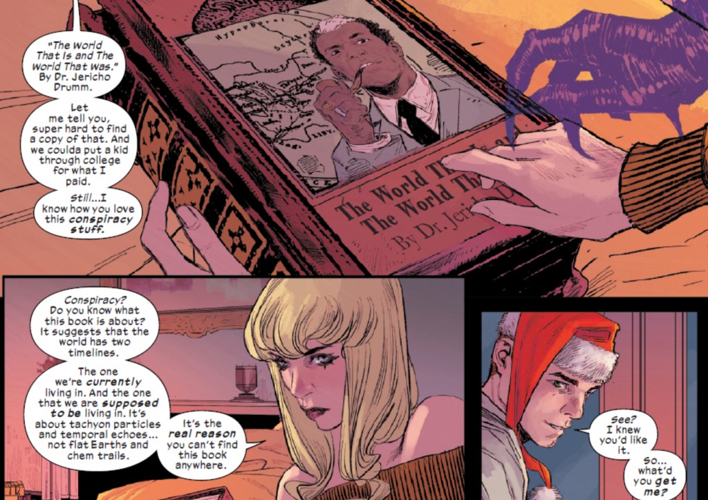 Harry giving Gwen a book by Doctor Jericho Drumm in Ultimate Spider-Man #16