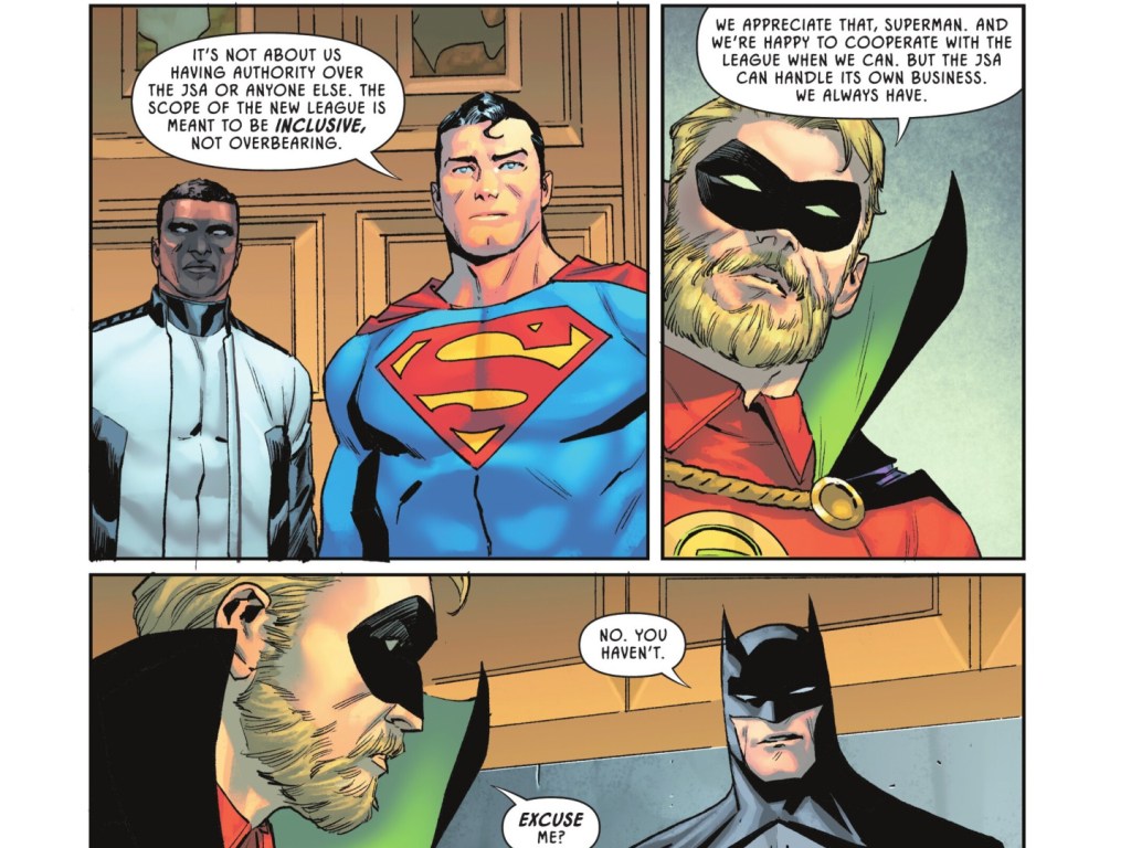 Superman, Mister Terrific, Alan Scott, and Batman discussing the current problems of the Justice Society