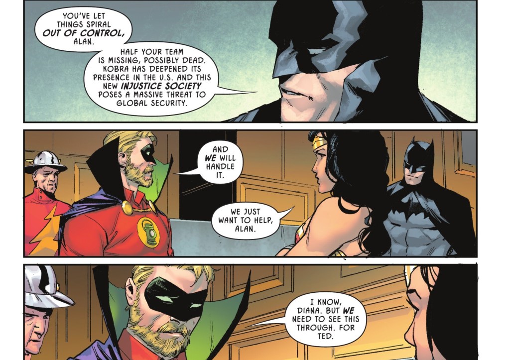 Alan Scott and Batman argue over the JSA's future while Wonder Woman interjects