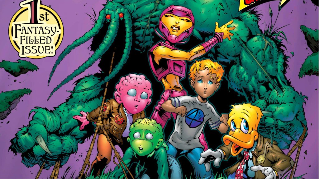 Man-Thing, Artie, Leech, Tana Nile, Franklin Richards, and Howard the Duck together on the cover of Daydreamers #1