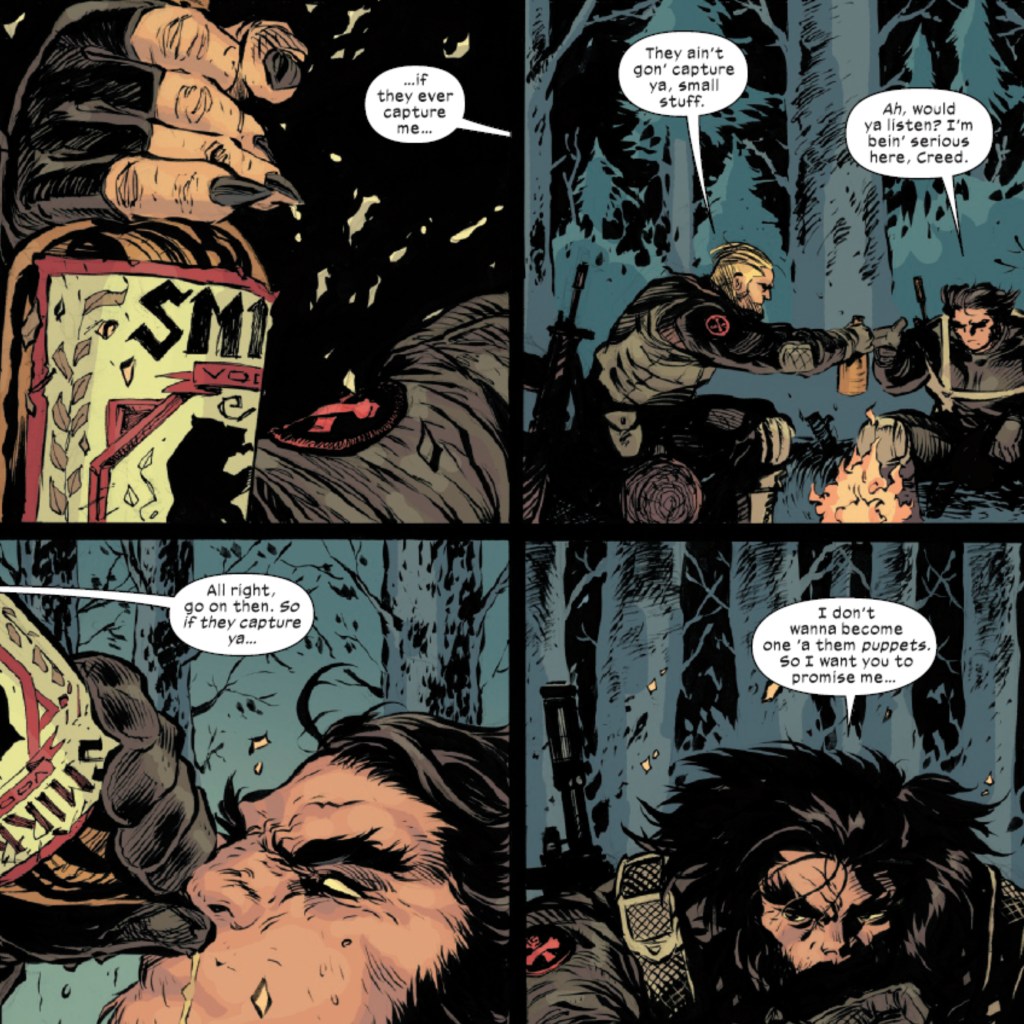 Ultimate Wolverine and Sabretooth drinking together in the woods